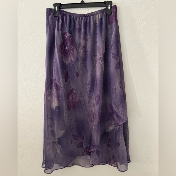 Vintage R&M Richards Purple Floral Chiffon Skirt Sz 14 Sheer Lined USA Made - Picture 1 of 8